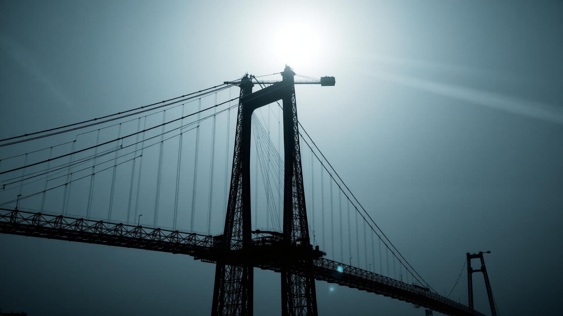 Suspension bridge under construction with tower cranes